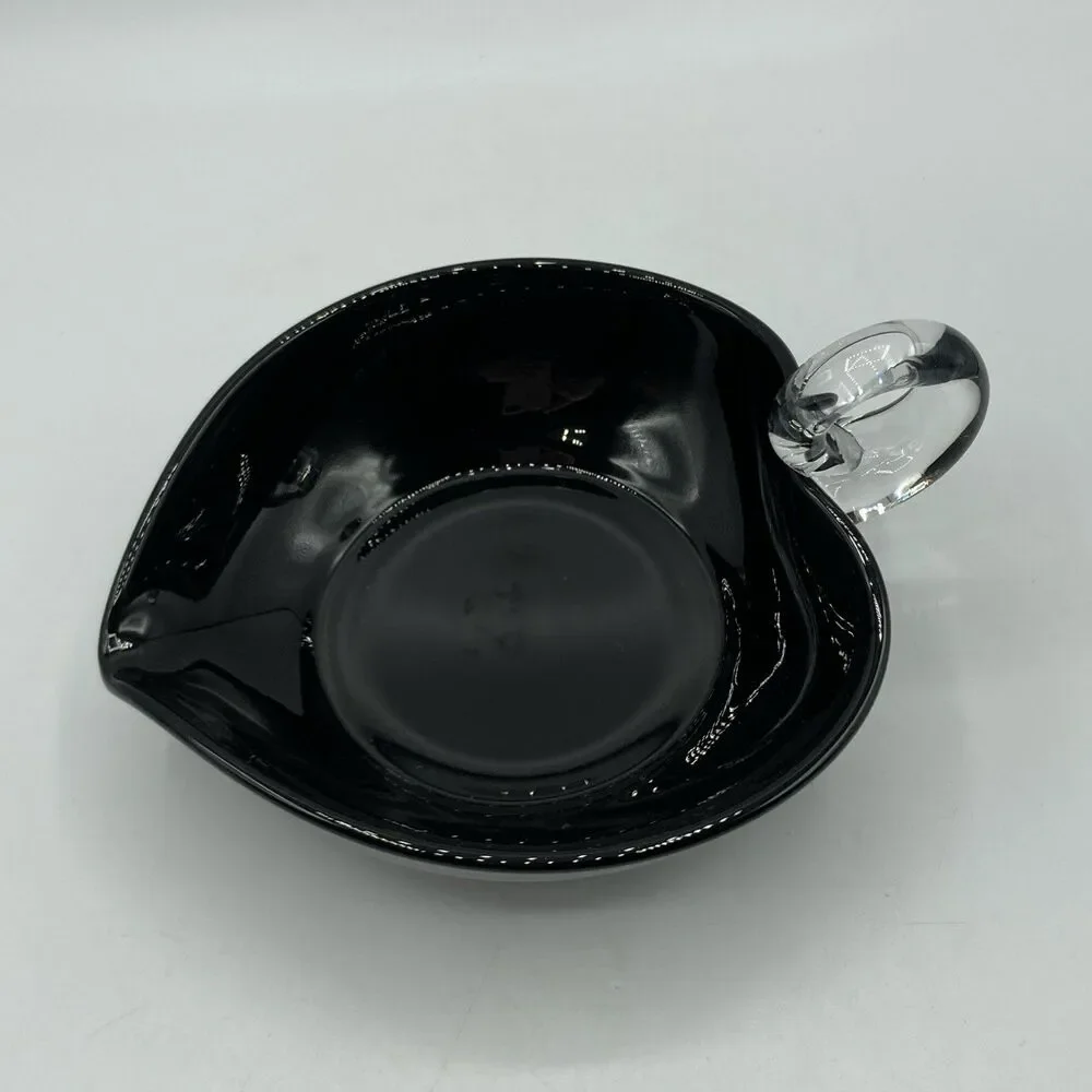 Vtg Black Glass Heart Candy Trinket Nappy Dish Applied Clear Loop Handle 6.25”